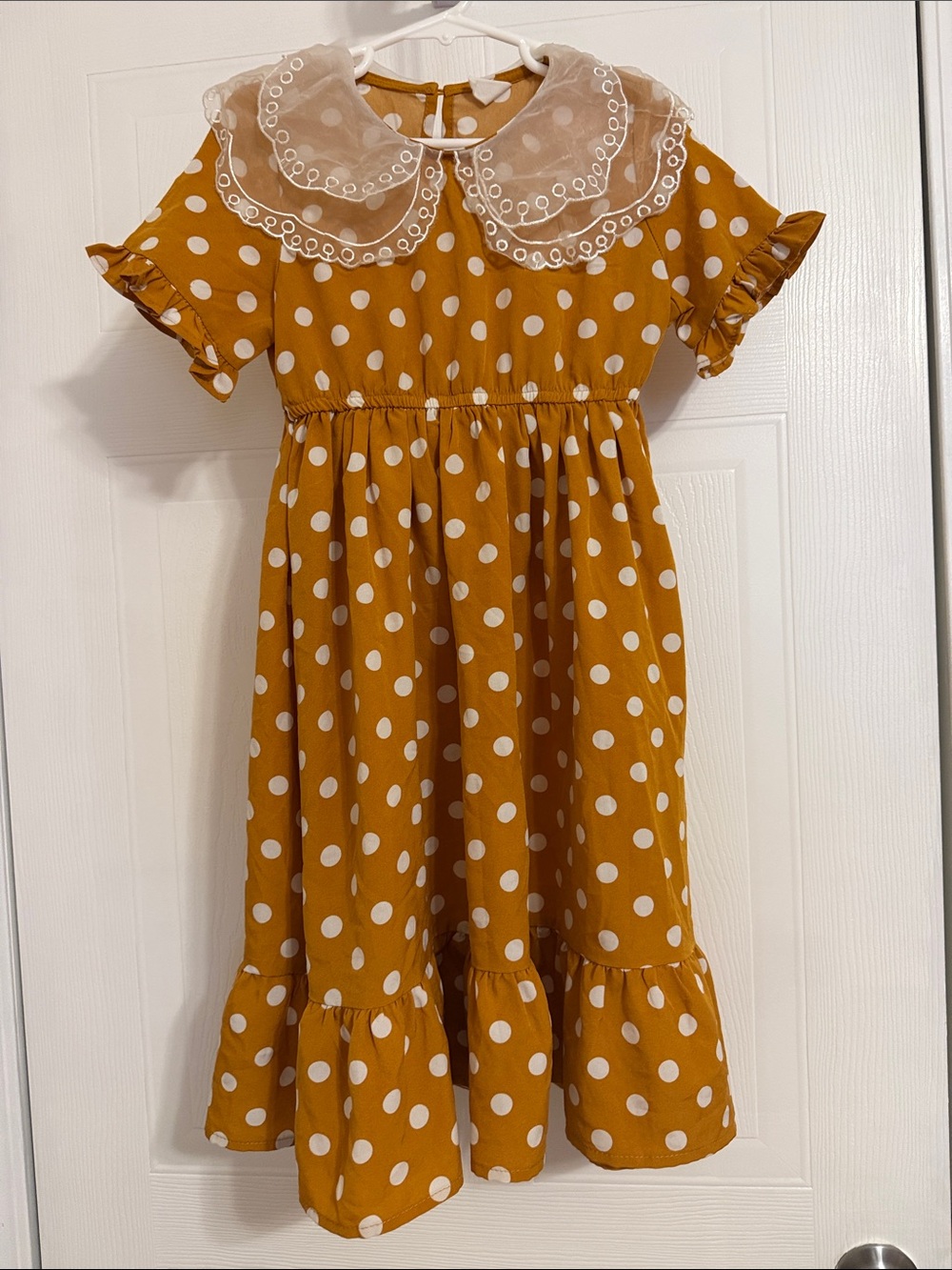 SHEIN Mustard Polka Dot Dress with White Lace Collar
